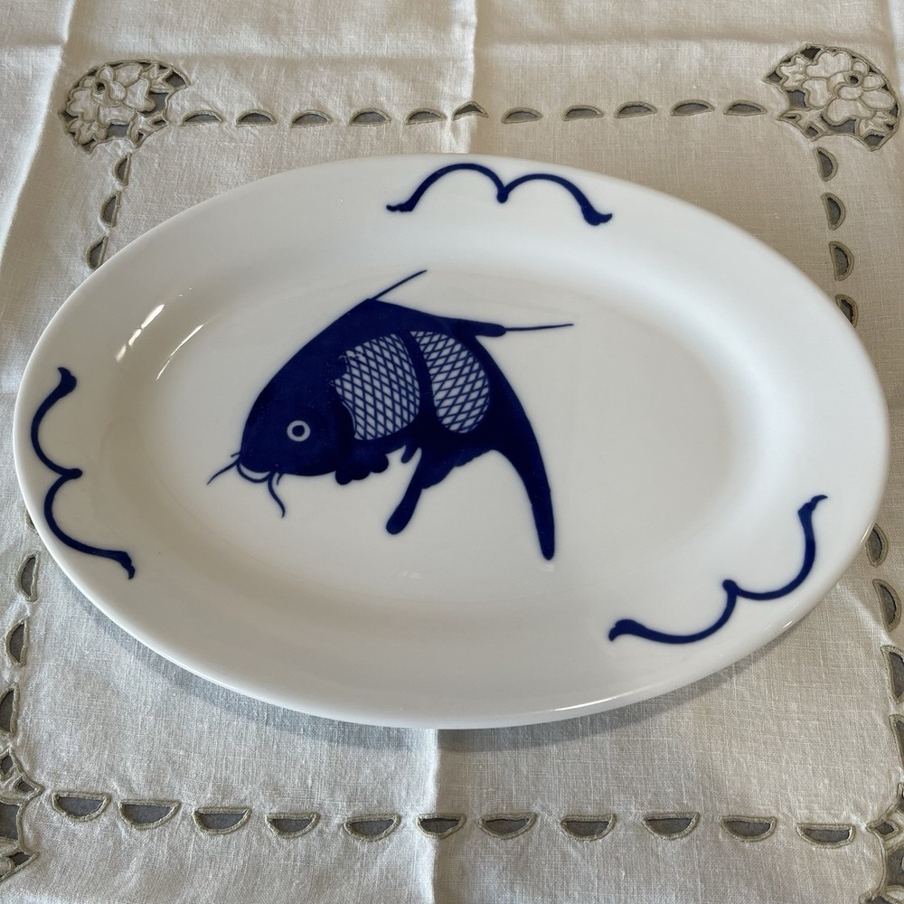 Vintage Misty Rose Porcelain Blue White Koi Fish Oval Serving Platter Plate 14"